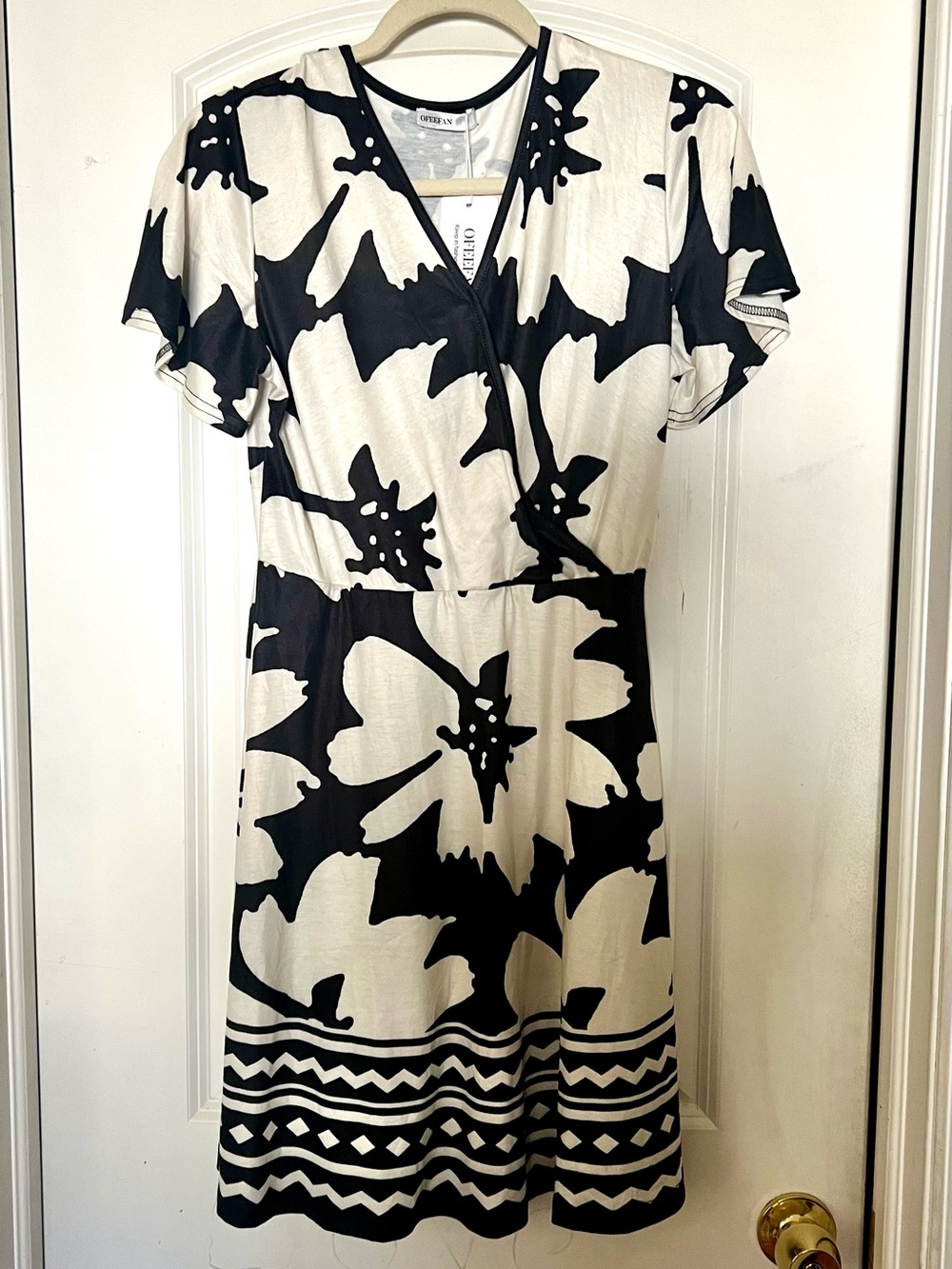 Black and White Floral Wrap-Style Midi Dress